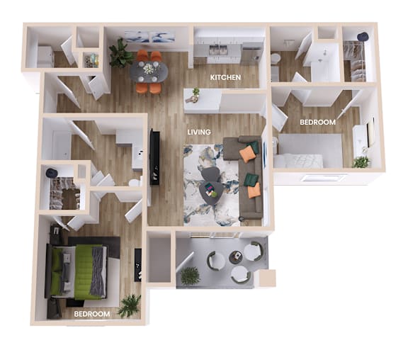 A floor plan of a house with a kitchen, living room, dining room, and three bedrooms.