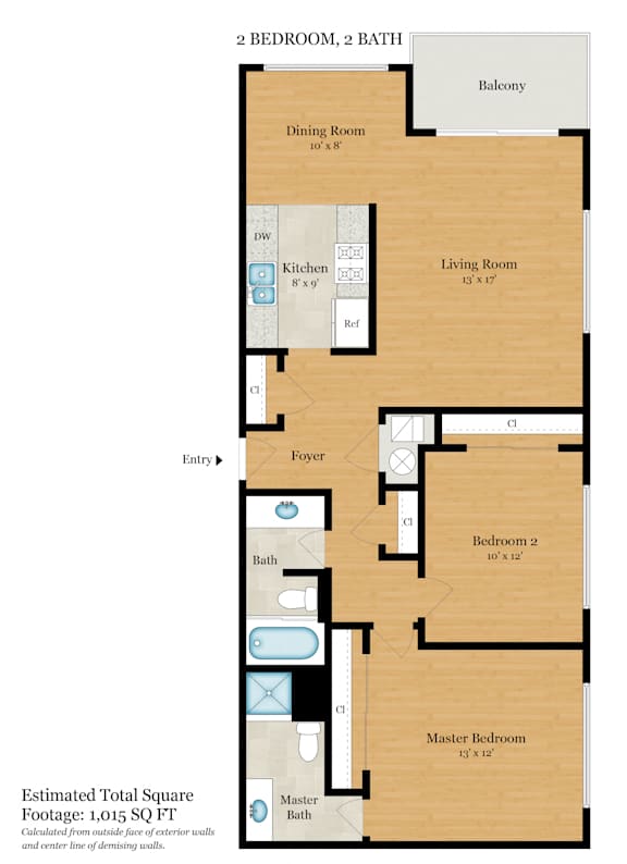 A floor plan of a house with a total estimated square footage of 905.