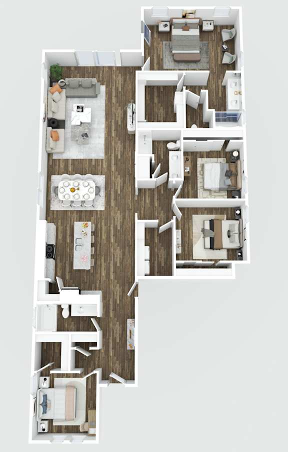 A floor plan of a house with a kitchen, living room, and two bedrooms at Westpark in Buckeye, Arizona