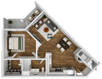 A 3D floor plan of a house showing a living room, kitchen, and bedrooms.