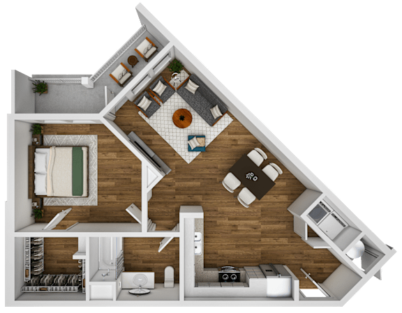 A 3D floor plan of a house showing a living room, kitchen, and bedrooms.