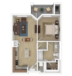 3d floor plan of the 1 bed 1 bath apartment for rent at The Lotus Apartments in Salt Lake City, Utah