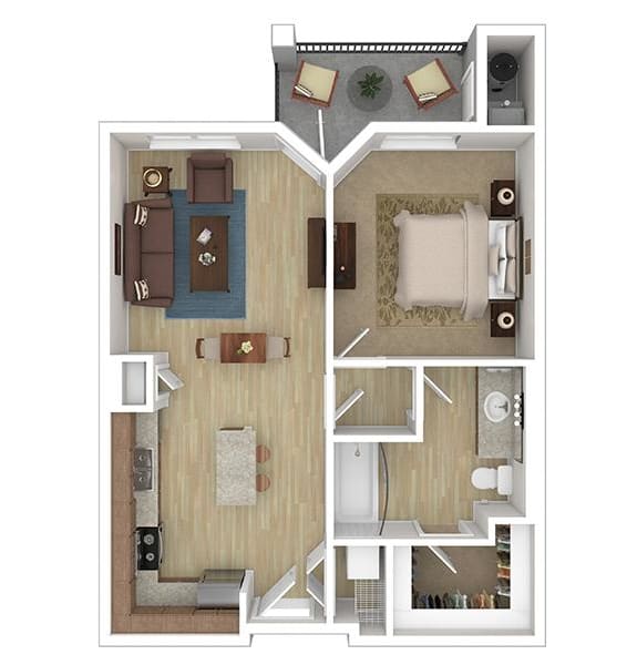 3d floor plan of the 1 bed 1 bath apartment for rent at The Lotus Apartments in Salt Lake City, Utah