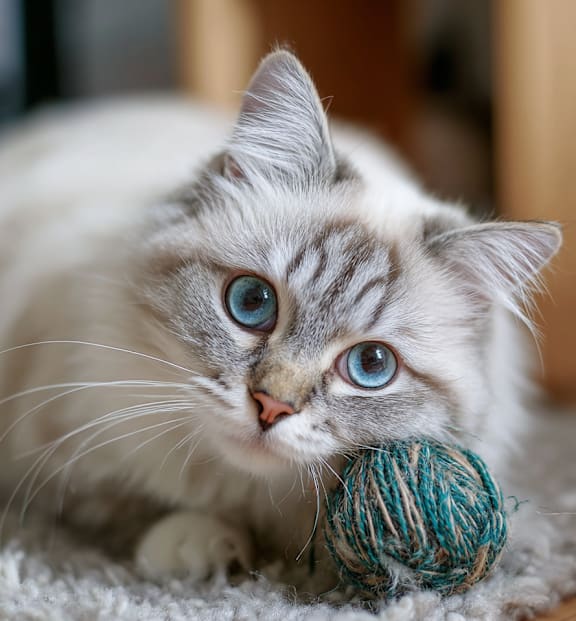 A white cat with blue eyes is playing with a ball of yarn.