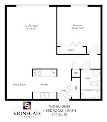 a floor plan of the sunrise 1 bedroom apartment