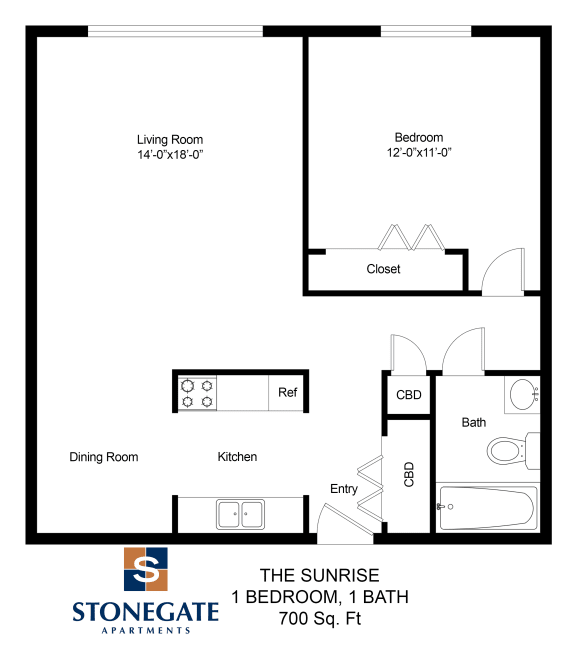 a floor plan of the sunrise 1 bedroom apartment