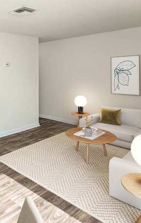 A modern dining room with a wooden table set for two.