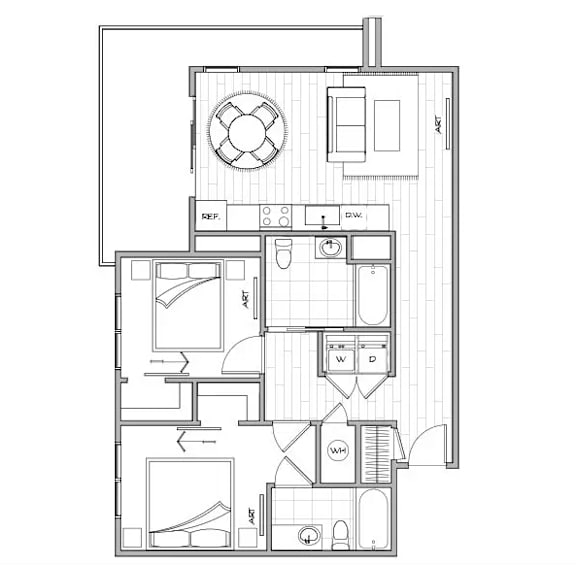 A floor plan of a house with a kitchen, living room, and two bedrooms.