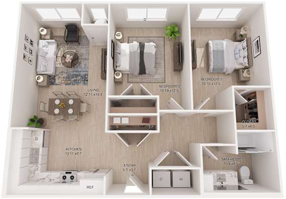A floor plan of a small apartment with a kitchen, living room, and bathroom.