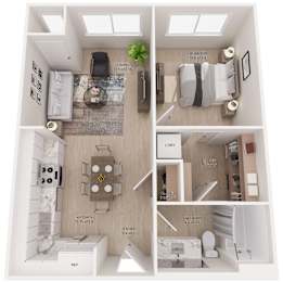A floor plan of a small apartment with a living room, kitchen, and bathroom.