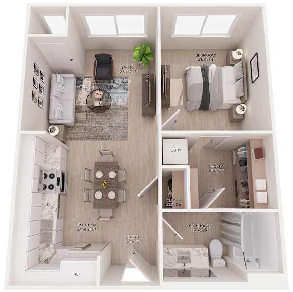 A floor plan of a small apartment with a living room, kitchen, and bathroom.