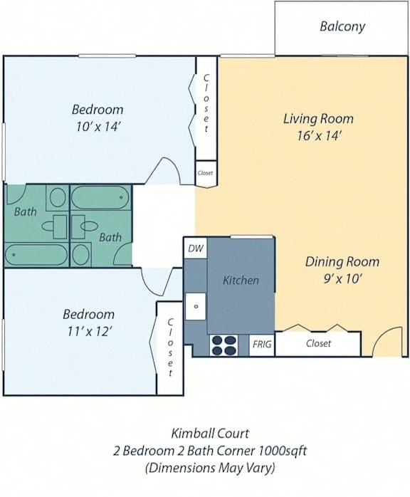 A diagram of a house layout with two bedrooms, a living room, a dining room, a kitchen, and a bathroom.