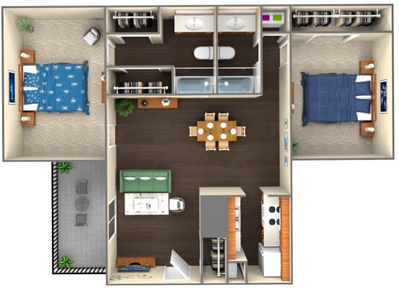 Floor Plan  2-bed/2-bath 3D model at Landmark Apartment Homes, Meridian, MS, 39305