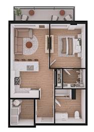 A floor plan of a small apartment with a kitchen, living room, and two bedrooms.
