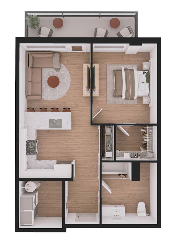 A floor plan of a small apartment with a kitchen, living room, and two bedrooms.