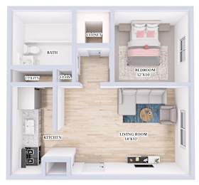A diagram of a small apartment with a living room, kitchen, bathroom, and bedroom.