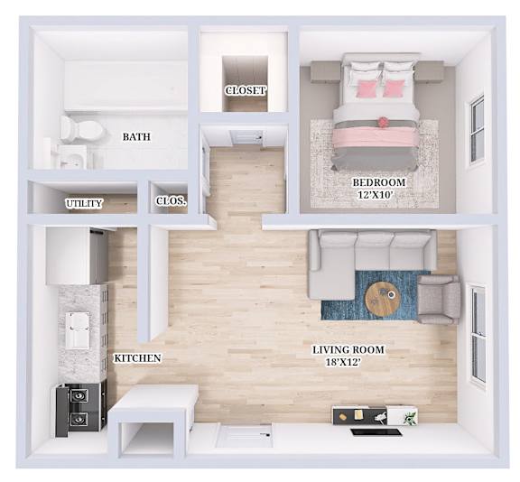 Floor Plan  A diagram of a small apartment with a living room, kitchen, bathroom, and bedroom.
