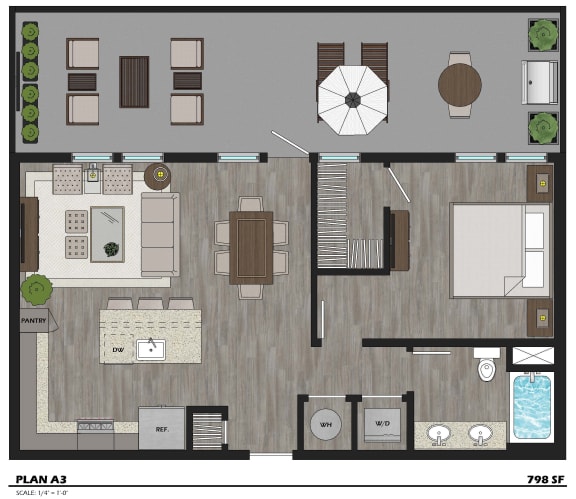 Floor Plan  A3 798 sq. ft.at The Fitz Apartments in Dallas
