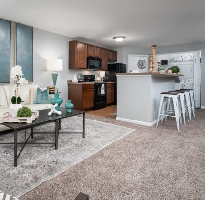 Spacious and modern living area with plush carpeting and modern kitchen with wood style flooring and stainless steel fixtures Carson Farms Apartments Delaware Ohio