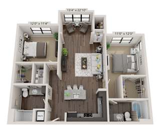 A 3D floor plan of a small apartment with a kitchen, living room, and two bedrooms.