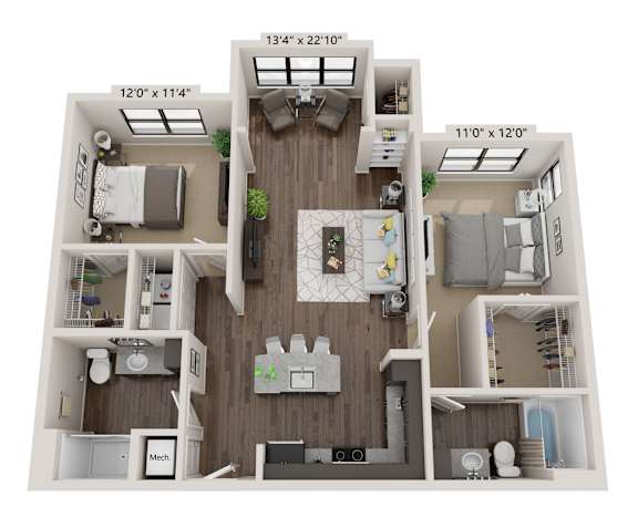 A 3D floor plan of a small apartment with a kitchen, living room, and two bedrooms.
