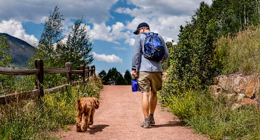 A man walking a dog on a dirt road.