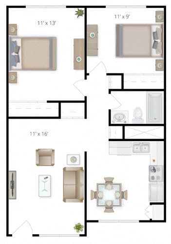 Floor Plan  A floor plan of a two bedroom home at The Lakes in Moses Lake, WA.