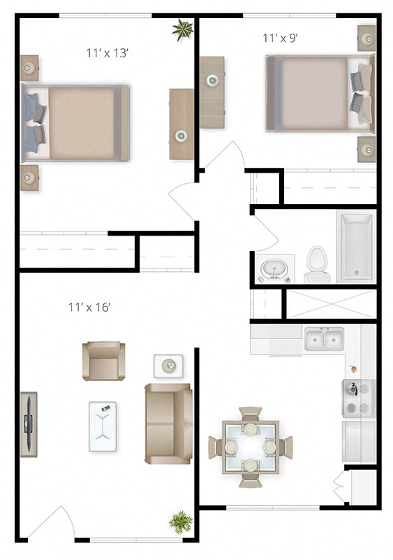 A floor plan of a two bedroom home at The Lakes in Moses Lake, WA.