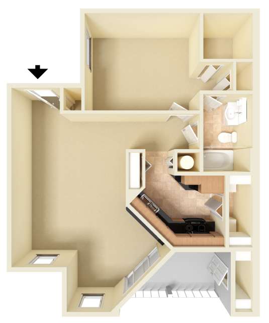 Unfurnished 3D floor plan of the Amelia one-bedroom apartment at Providence at Palm Harbor, displaying the open-concept layout, kitchen, bedroom, bathroom, and storage.