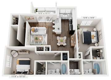 Floor Plan  3-D Rendering of The Hatteras floor plan at The Enclave at Crossroads Apartments in Raleigh, NC