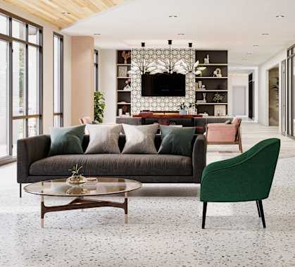 a living room with a couch and chairs and a table
