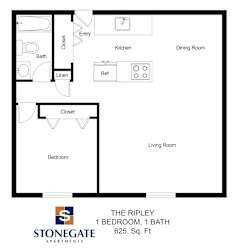 a floor plan of the ripley 1 bedroom apartment at stonegate