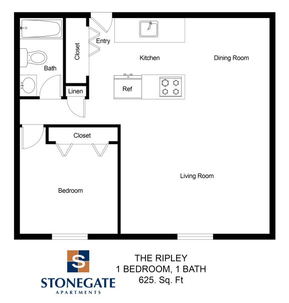 a floor plan of the ripley 1 bedroom apartment at stonegate