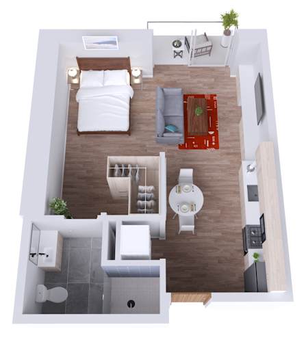 Floor Plan  a bedroom with a bed a mirror a sink and a toilet