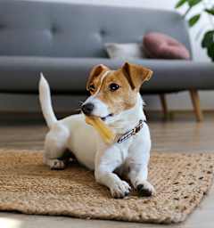 A small dog with a yellow collar is sitting on a rug.
