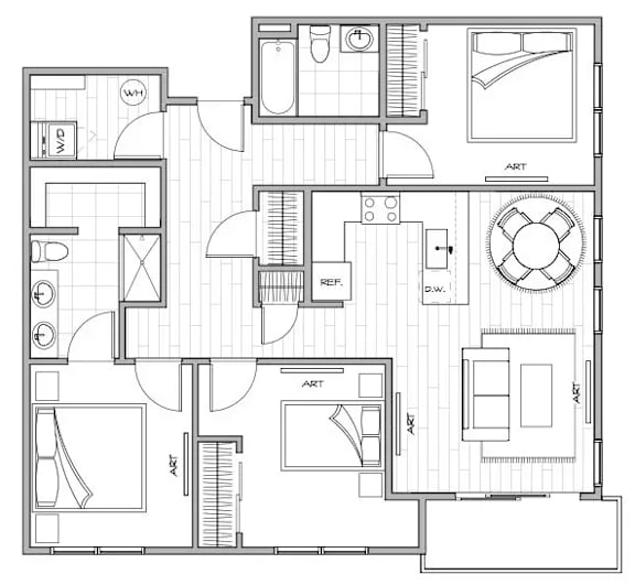 A black and white floor plan of a house with labeled rooms.