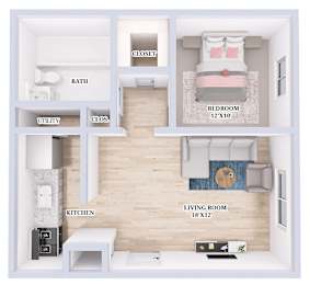 A diagram of a small apartment with a living room, kitchen, bathroom, and bedroom.