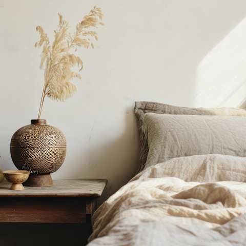 a bed with pillows and a table with a vase and a candle