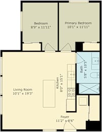 A floor plan for a two bedroom, one bathroom apartment.