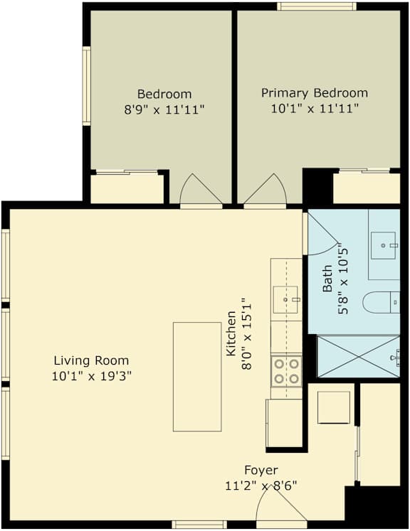A floor plan for a two bedroom, one bathroom apartment.