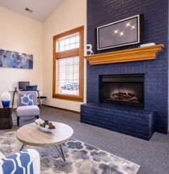 a living room with a fireplace and a tv