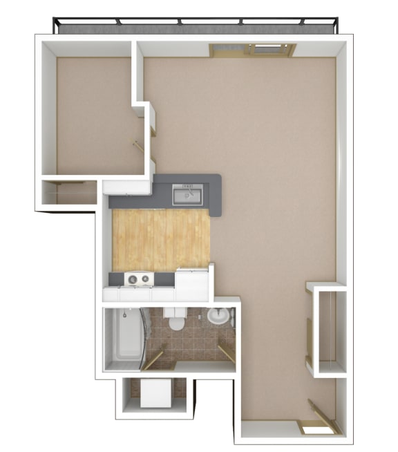 1 Bedroom, 1 Bathroom Floor Plan