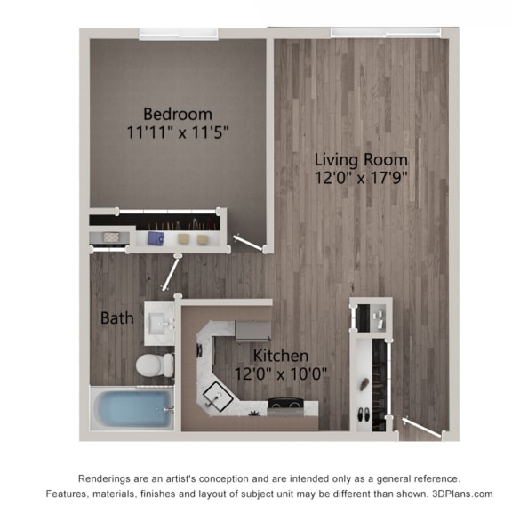 Lily floor plan of a one bedroom apartment at Willow Crossing