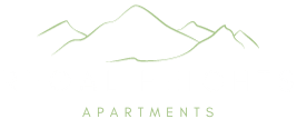 a logo for rental apartments with mountains