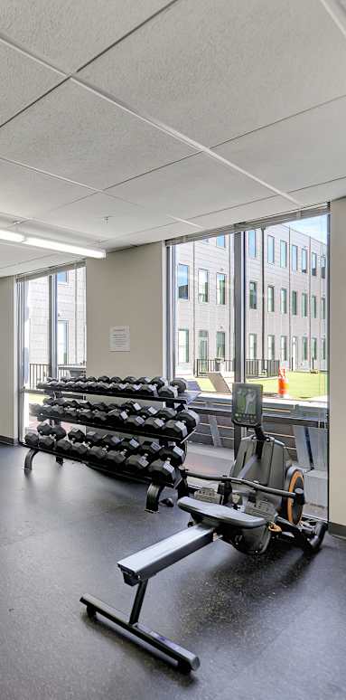 a gym with cardio equipment and weights in a building with green walls at Parkhaus Apartments, Lincoln, Nebraska