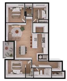 A floor plan of a house with a kitchen, living room, and bedrooms.