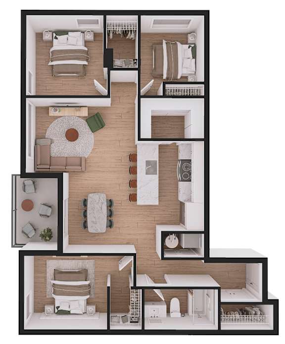 A floor plan of a house with a kitchen, living room, and bedrooms.