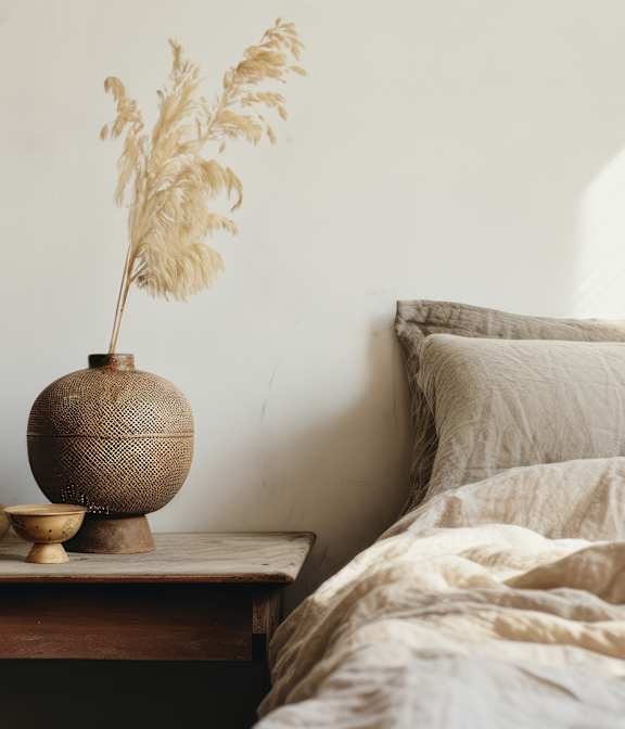 A bed with a white comforter and pillows is in the foreground with a wooden table holding a vase and candle in the background.