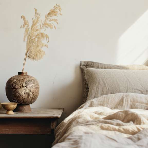 A bed with a white comforter and pillows is in the foreground with a wooden table holding a vase and candle in the background.