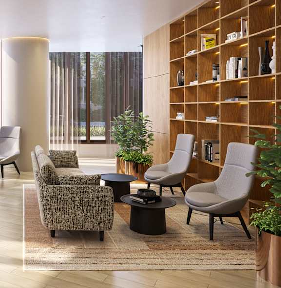A modern living room with a large window and a wooden bookshelf.